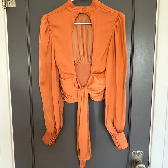 Free People Rust Orange Open Back Satin Top Blouse Tie High Neck XS Extra Small - Picture 3 of 14